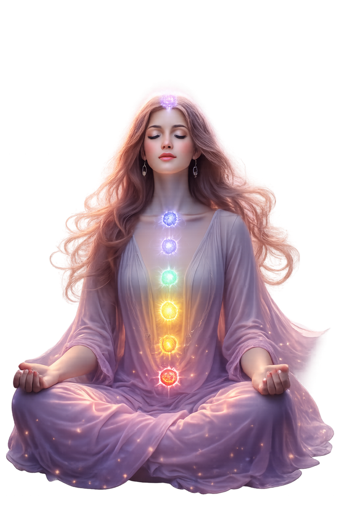 Woman meditating with glowing chakras aligned for pranic healing and energy balancing therapy Alternative (if page focused on chakra healing):