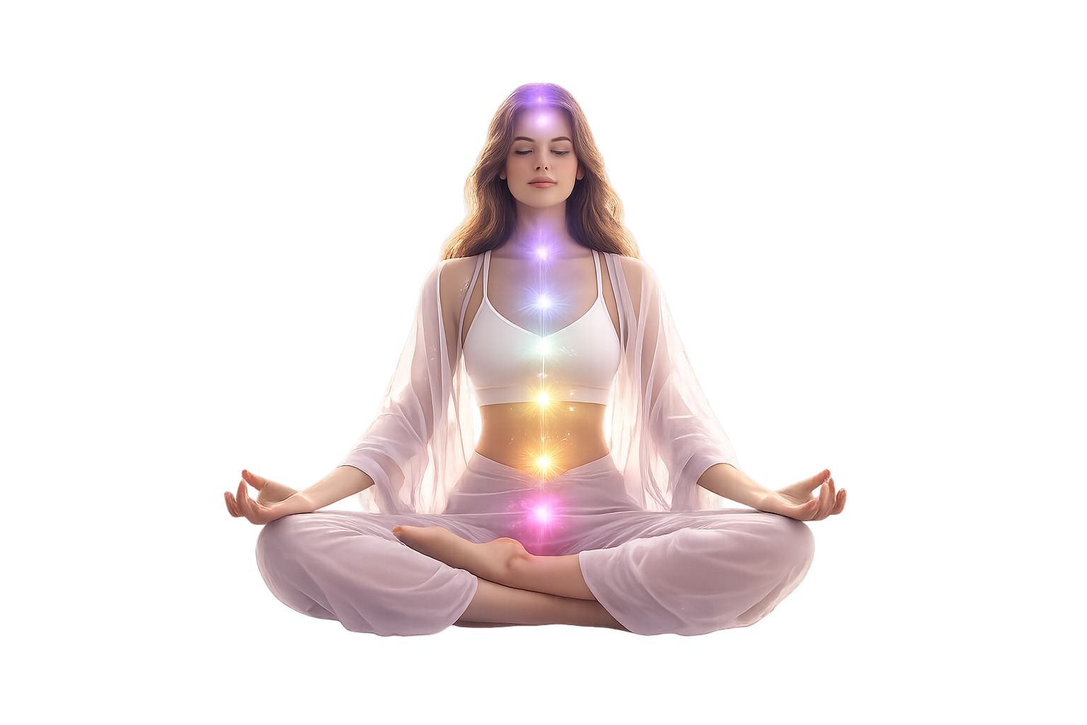 Woman meditating with glowing chakras aligned in lotus position for spiritual healing and energy balance