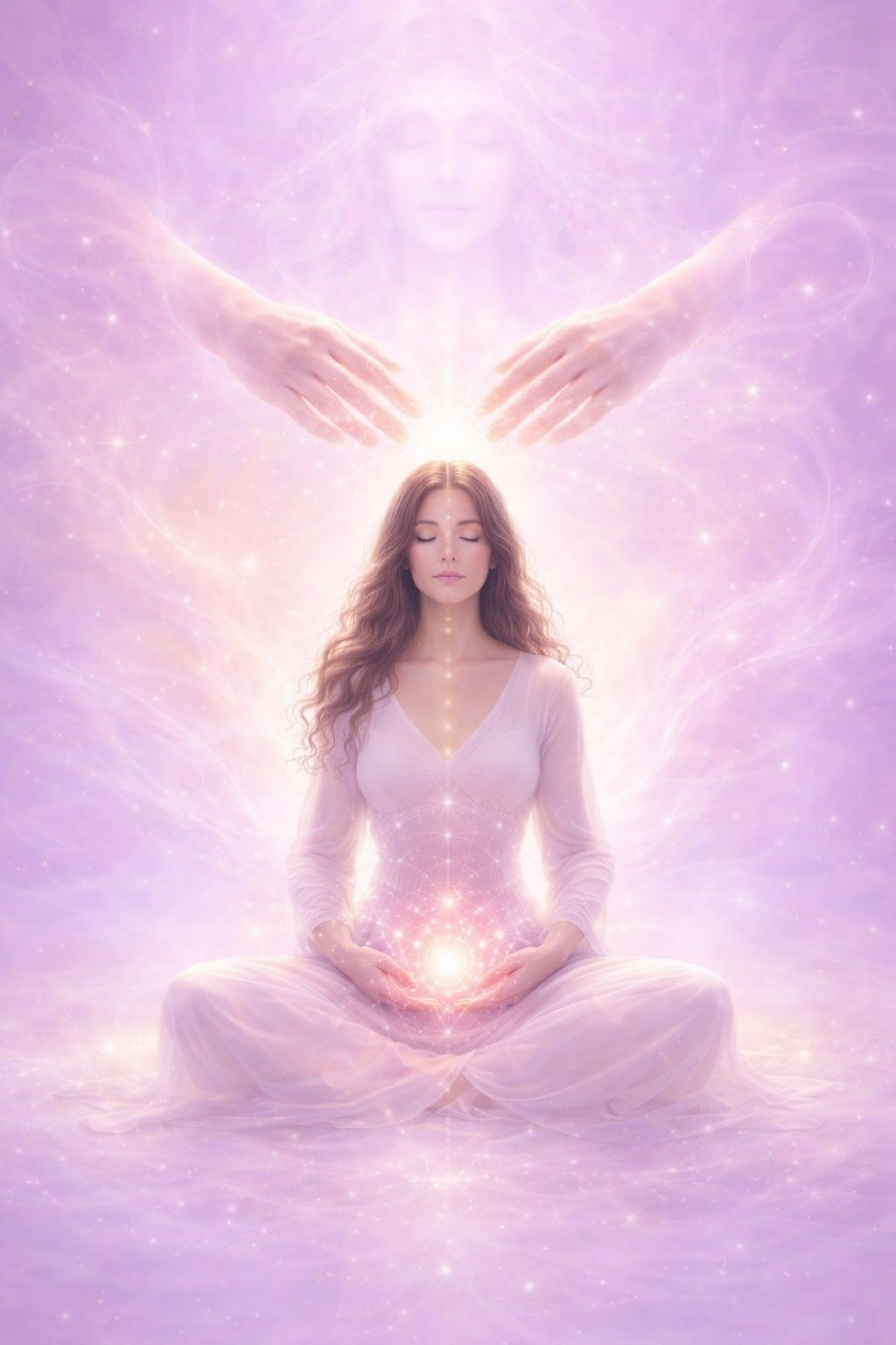 Divine feminine meditation with glowing womb energy for womb healing and emotional balance