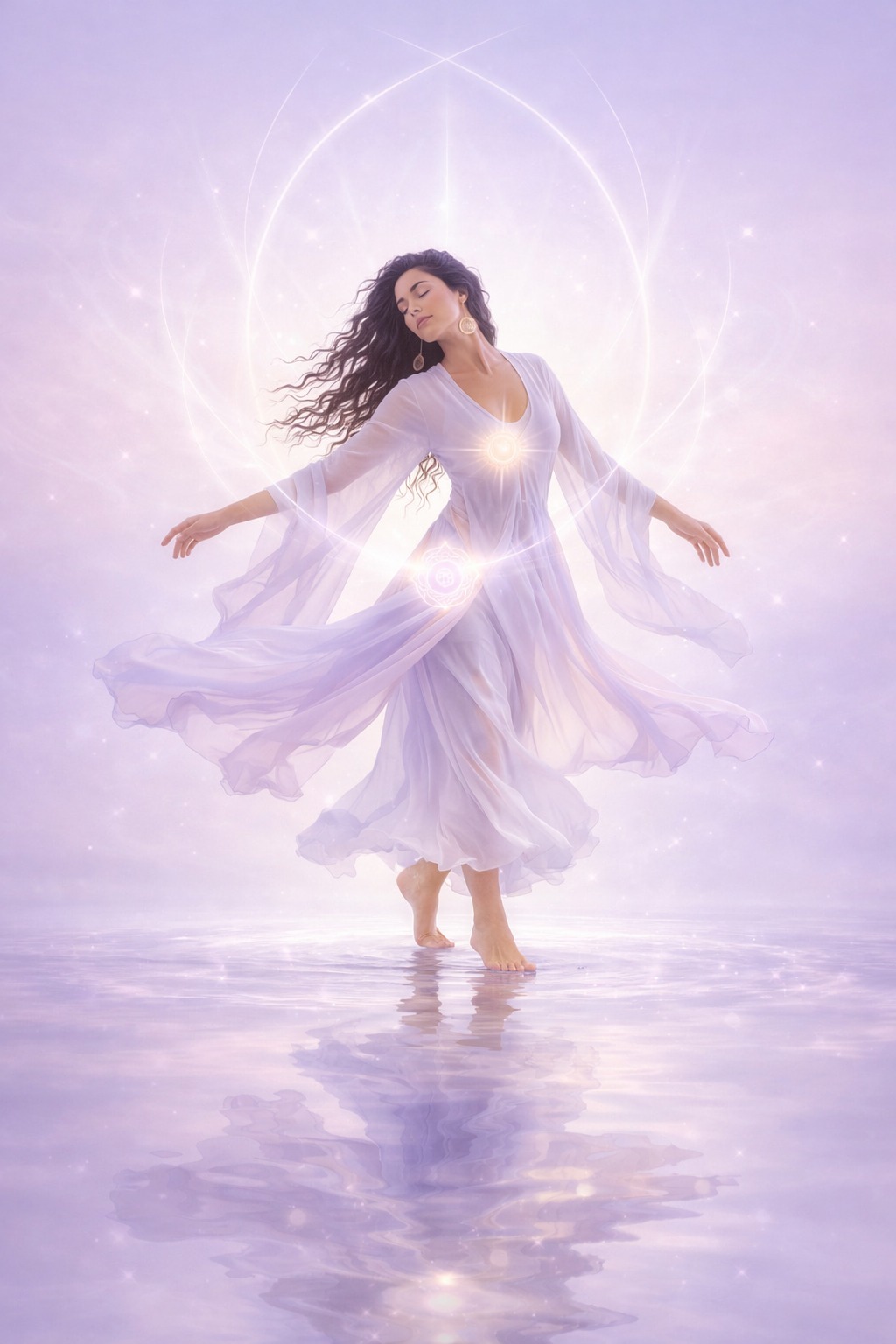 Spiritual woman in flowing white dress symbolizing energy healing and soul transformation