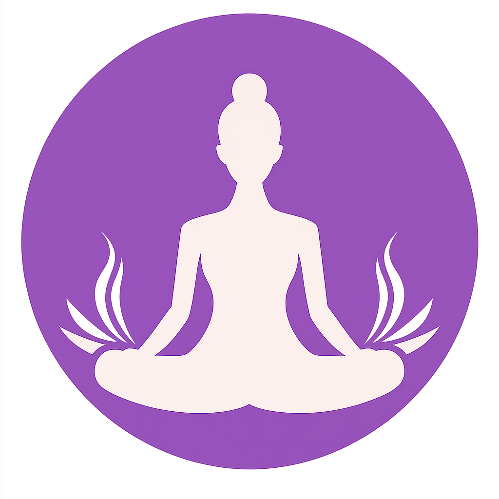 Meditation logo with seated yoga figure in lotus pose, representing spiritual healing, mindfulness, and inner balance